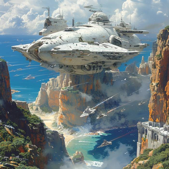 AI-generated flying ships over cliffs
