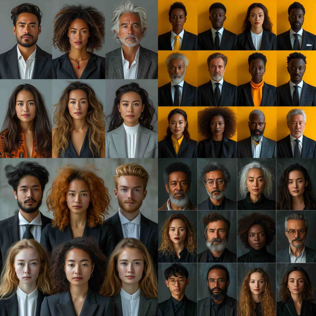 Grid of 16 portrait photos of business people all