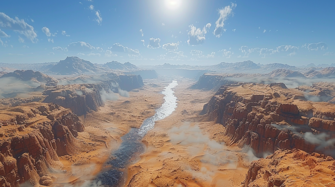 Sahara desert and a Canyon with a river in the mid