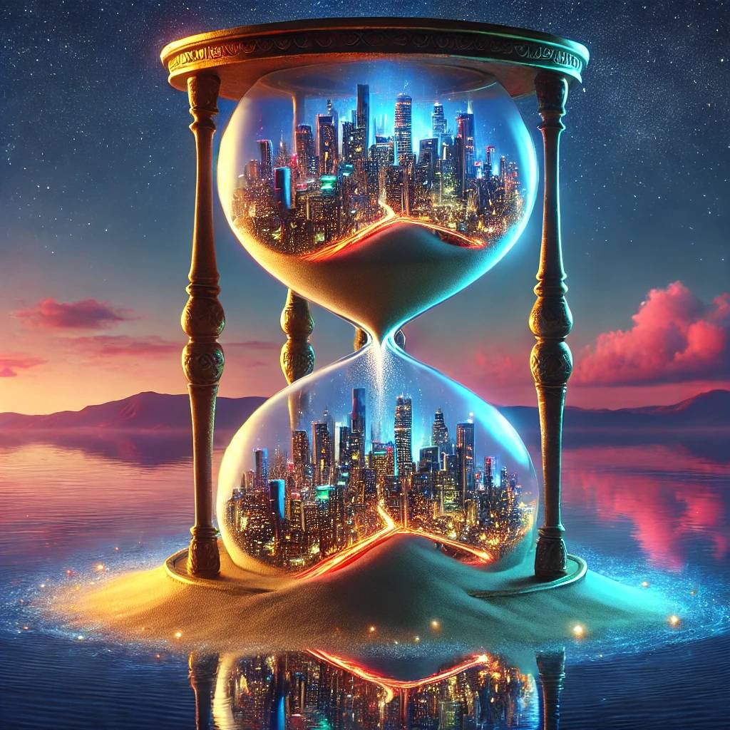 A surreal scene of a city floating on top of a giant hourglass with