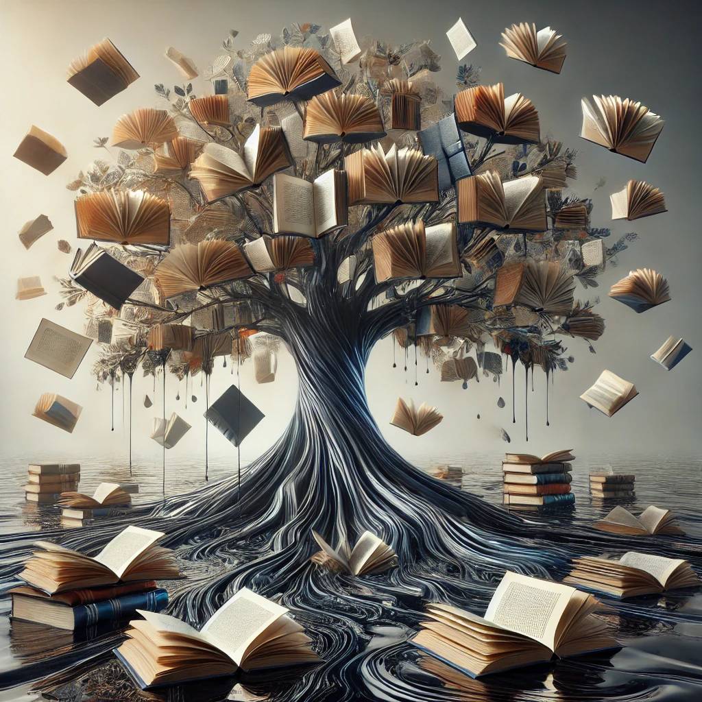 A surreal image of a large tree made entirely of books with open pages