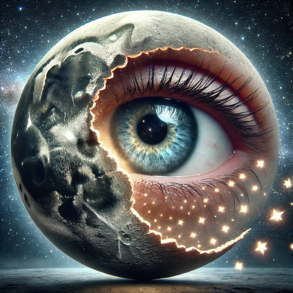 A surreal image of a giant human eye peering through a cracked moon with