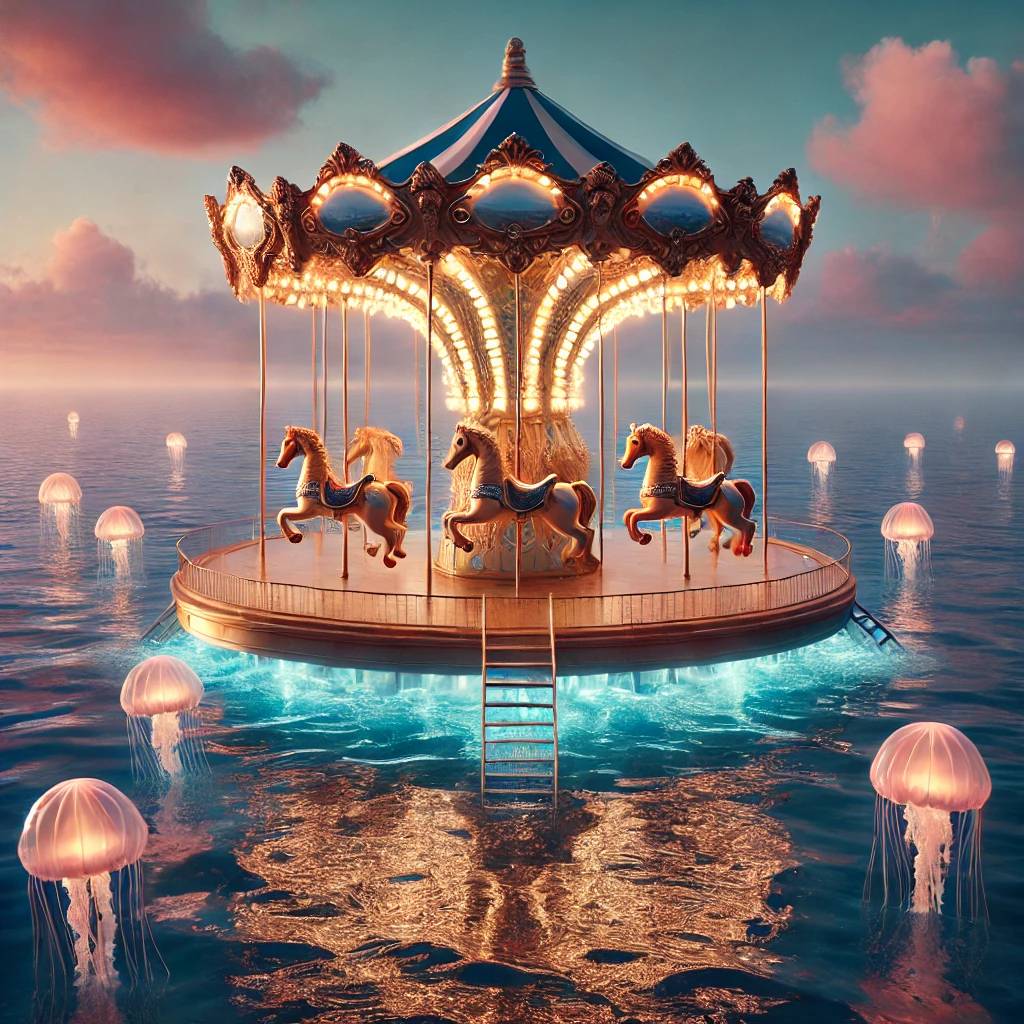 A surreal scene of a carousel set in the middle of the ocean with
