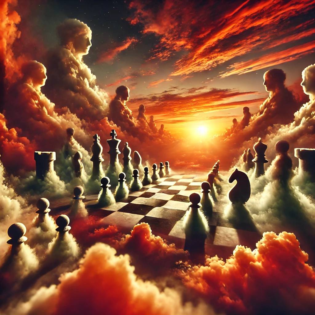 A surreal scene of a chessboard made of clouds floating high in the sky