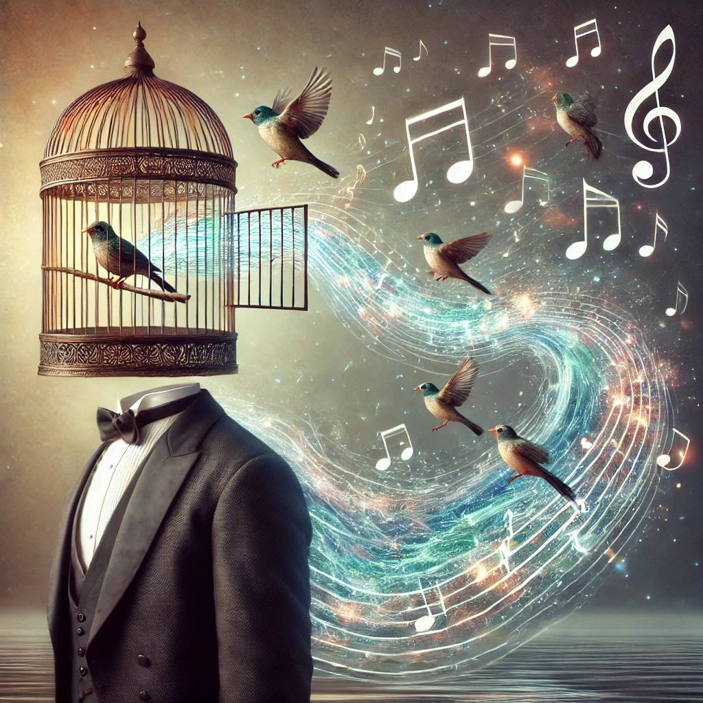 A surreal image of a man with a birdcage for a head filled with