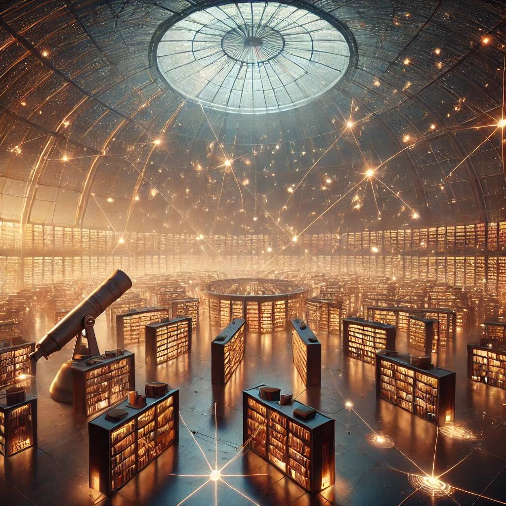 A surreal scene of a vast library under a glass dome with each book