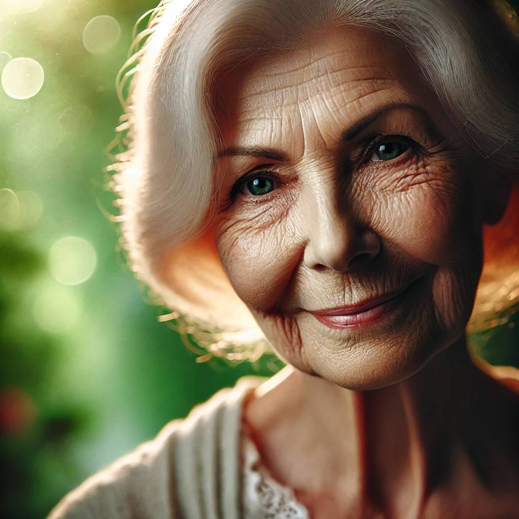 A portrait of an elderly woman with deep wrinkles smiling gently bathed in soft