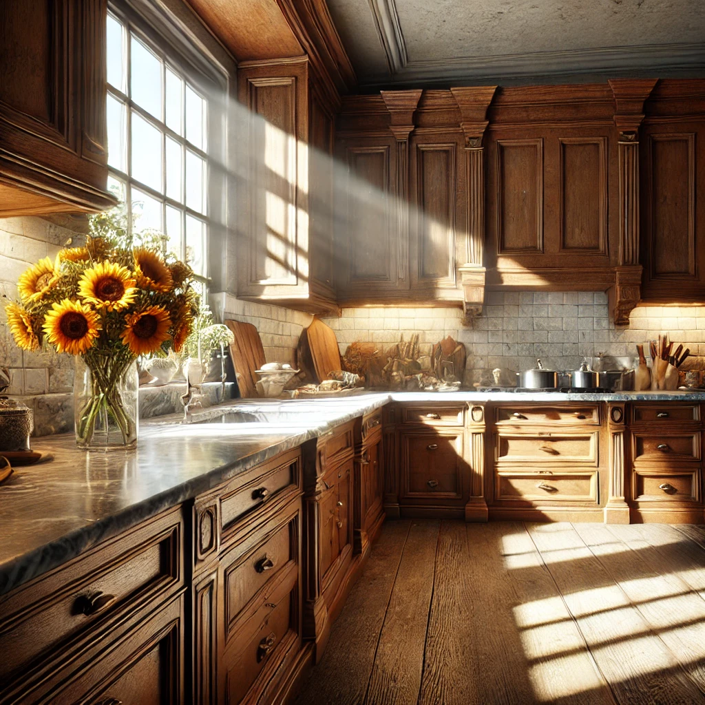 A realistic image of a rustic kitchen featuring wooden cabinets and elegant marble countertops.