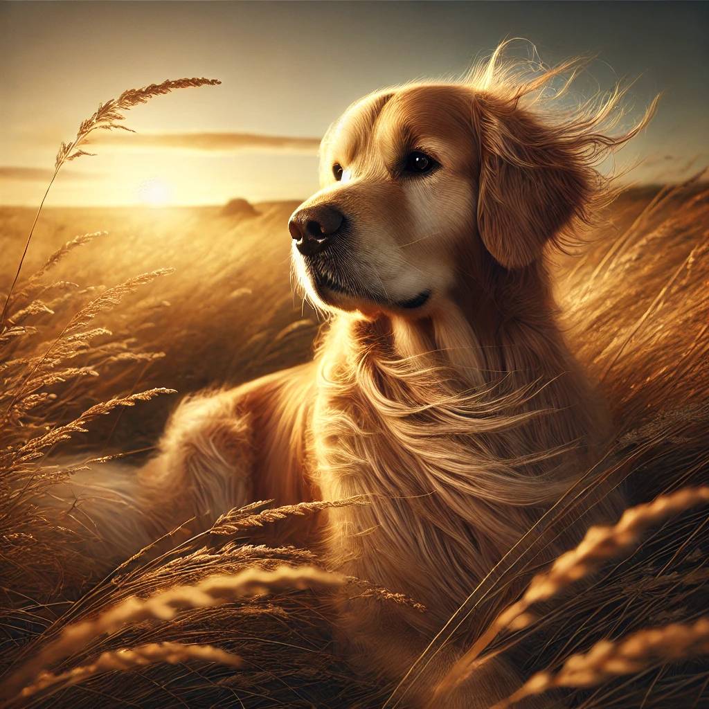 A highly realistic image of a golden retriever sitting in a grassy field with
