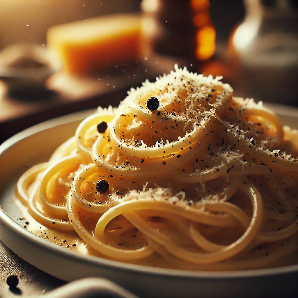 A realistic close up photograph of a plate of spaghetti carbonara featuring a creamy