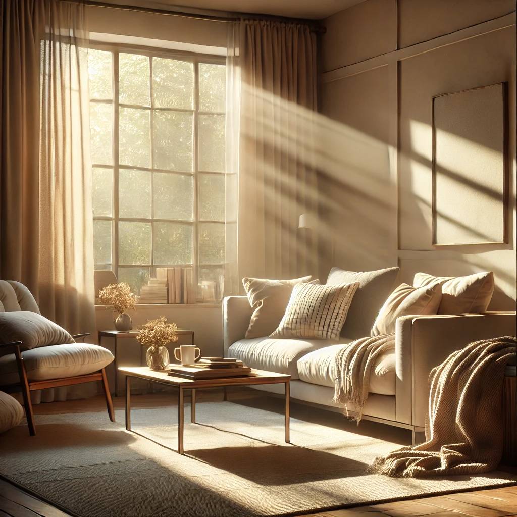 A realistic scene of a cozy living room bathed in soft morning sunlight streaming
