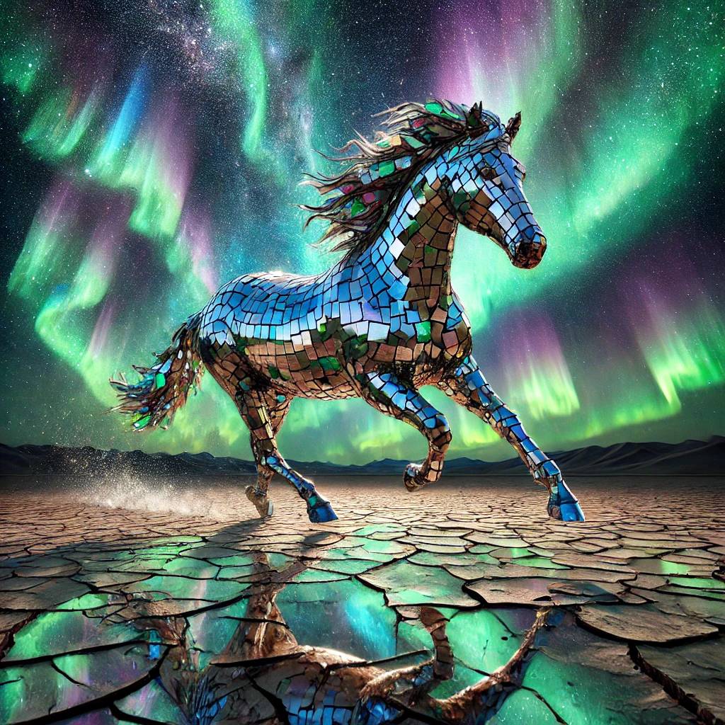 A surreal image of a horse made entirely of shimmering mirrors galloping across a
