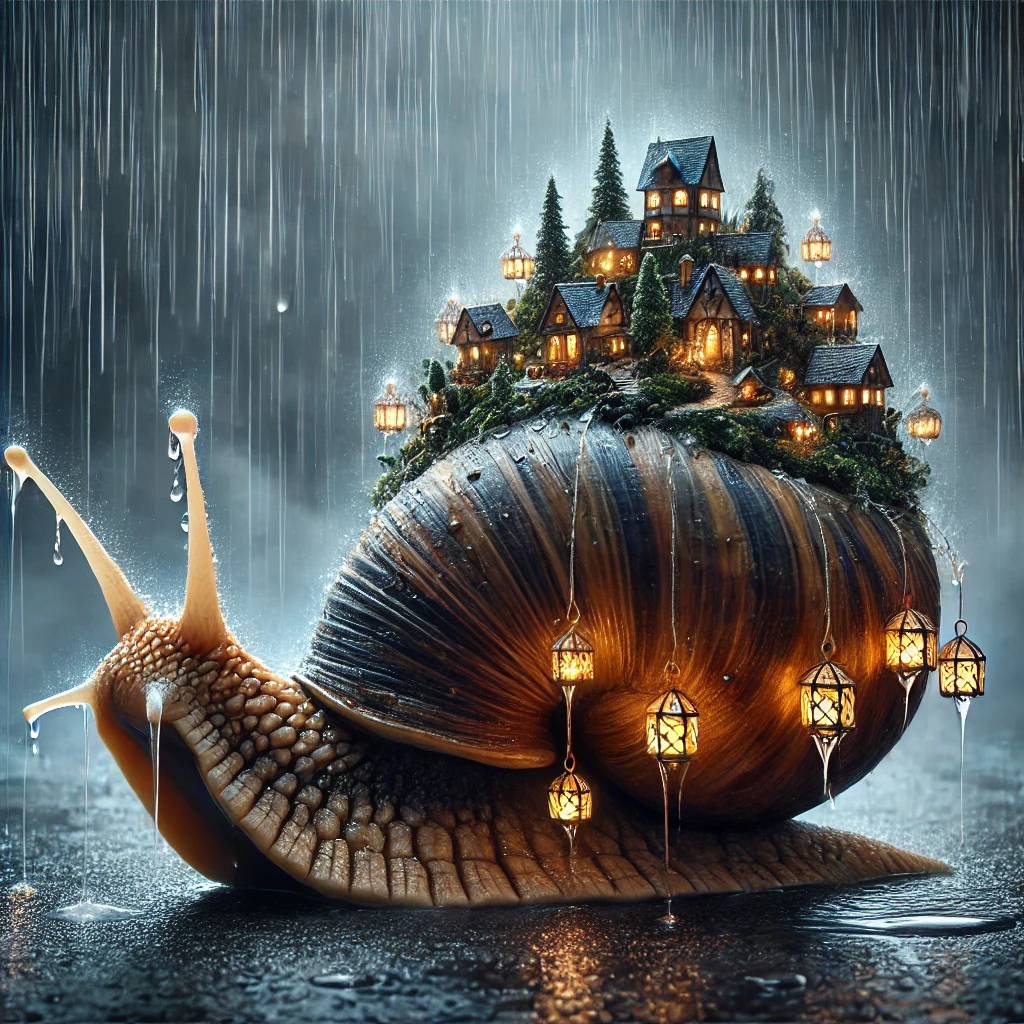 A realistic magical scene of a giant snail carrying a miniature village on its