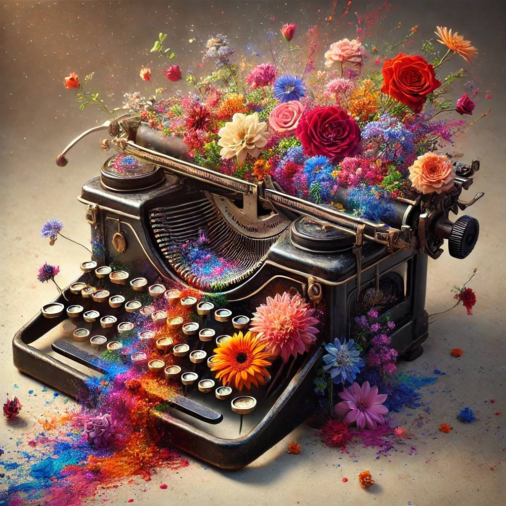 A realistic magical scene of an old fashioned typewriter with vibrant flowers growing out