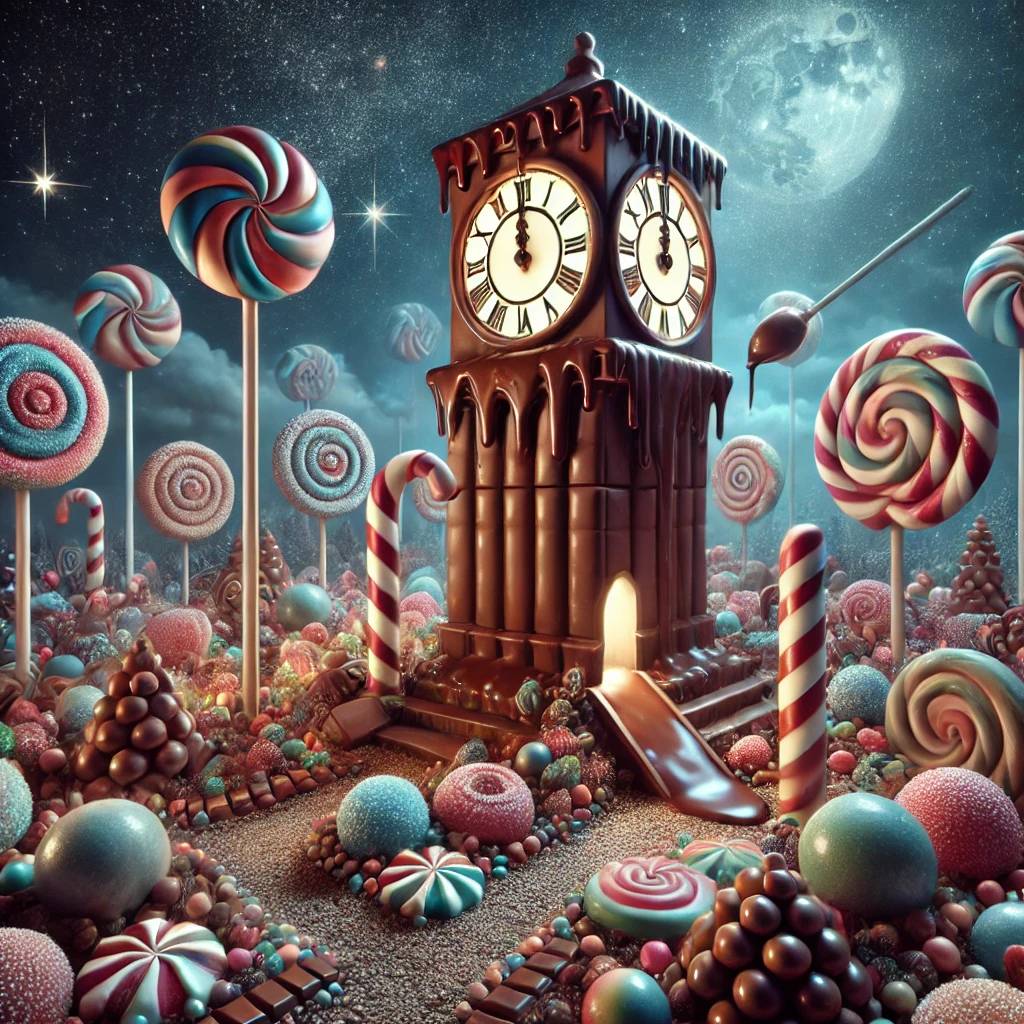 A whimsical surreal scene of a clock tower made entirely of candy with liquid