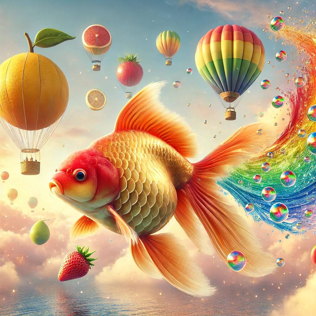 A surreal image of a giant goldfish swimming gracefully in the sky with a