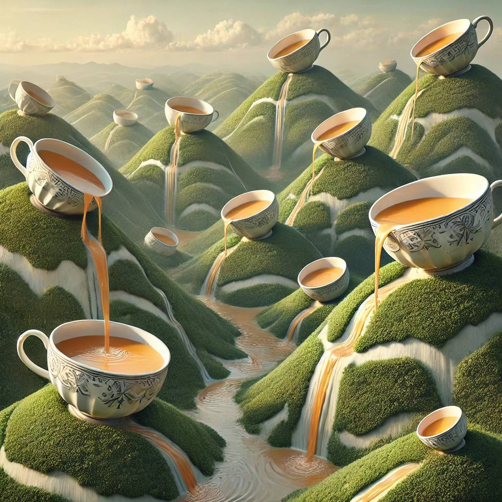 A surreal landscape of rolling hills where each hill is an upturned teacup with