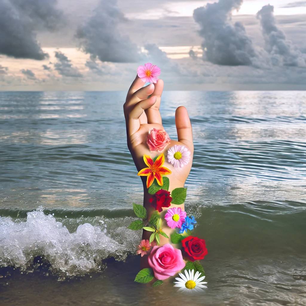 A realistic and surreal image of a human hand emerging from the sea with