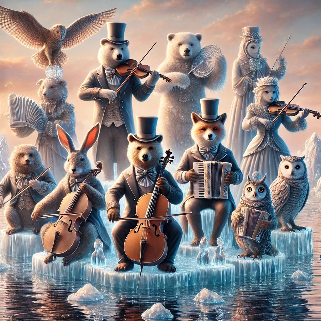 A surreal scene of an orchestra of animals dressed in elegant Victorian clothing each